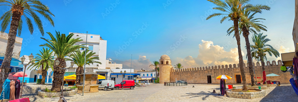 Bazar square with medieval fortress wall of Ribat in Sousse. Tunisia, North Africa