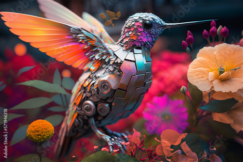 Robot animal kingdom. Robot hummingbird in the forest photo
