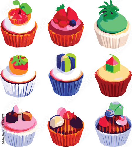 Set of drawings of cupcakes with various types of toppings from fruits, candy and sweets. Colored in pastel colors. Looks delicious and interesting
