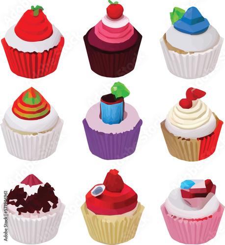 Set of drawings of cupcakes with various types of toppings from fruits  candy and sweets. Colored in pastel colors. Looks delicious and interesting 