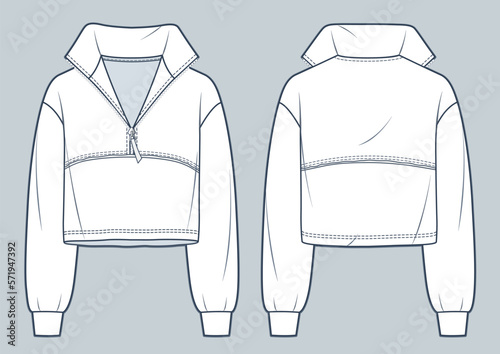 Sweatshirt technical fashion illustration. Roll Neck cropped Sweatshirt fashion flat technical drawing template, zip-up, raw, oversized, front and back view, white, women, men, unisex CAD mockup.