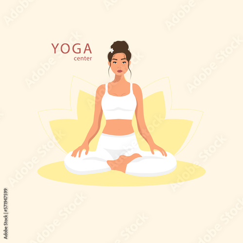 Female cartoon character sitting in lotus posture and meditating. Girl with crossed legs. Colorful flat vector illustration with plants. Faceless poster of young pretty woman for yoga center. (ID: 571947599)