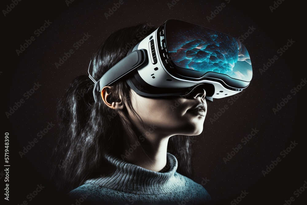 Portrait of of a young woman wearing a VR headset and playing virtual reality game in metaverse. Studio lighting, epic atmosphere, AI generative Portrait of of a young woman wearing a VR headset and playing virtual reality game in metaverse. Studio lighting, epic atmosphere, AI generative