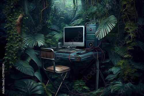 Fototapeta Naklejka Na Ścianę i Meble -  Worker co with computer on table in jungle