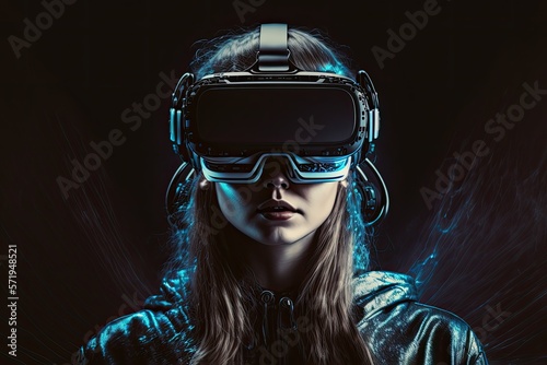 Portrait of of a young woman wearing a VR headset and playing virtual reality game in metaverse. Studio lighting, epic atmosphere, AI generative