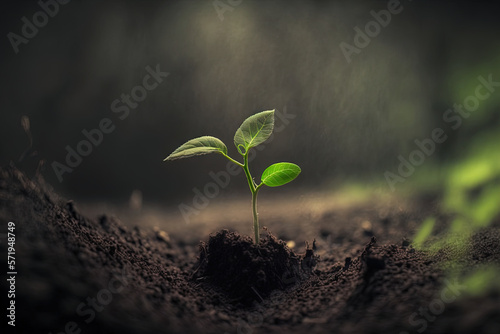 A young green sprout grows from the ground, a ray of light. AI