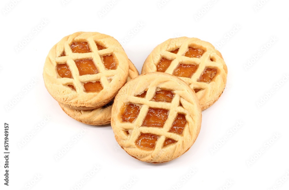 Small apricot tarts on white background.