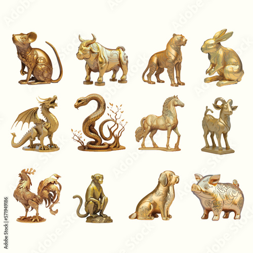 Collection of Cute Golden Statue, Figure Twelve Chinese Zodiac Years Horoscope that is Symbol of Rich, Lucky and Wellness in Set of Vector