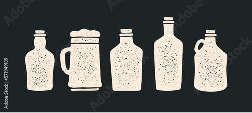 Set of bottle. Collection bottles for vodka, gin, bourbon, silhouette glass wine, beer, whiskey and liquor, brandy, rum, different types bottle. Graphic design print for bar, pub. Vector Illustration