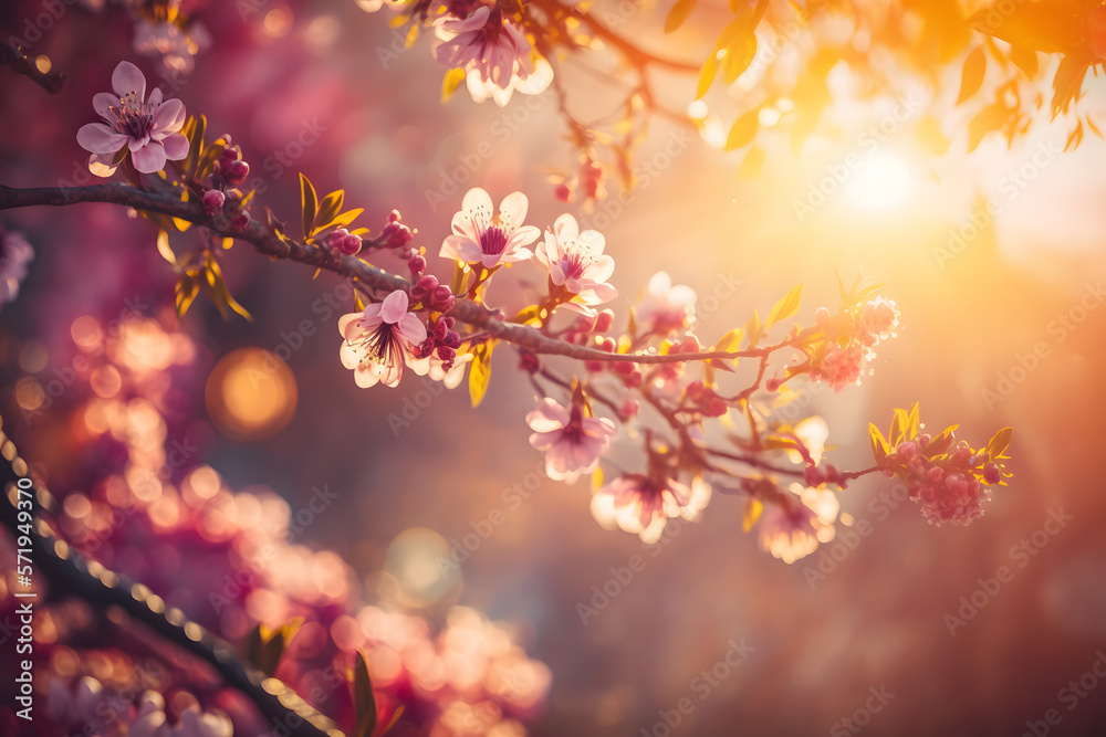 Spring blossom background. Nature scene with blooming tree and sun flare. Spring flowers. Beautiful orchard Photography made with Generative AI