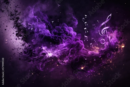 Purple smoke with music notes and shiny glitter particles abstract background, ai