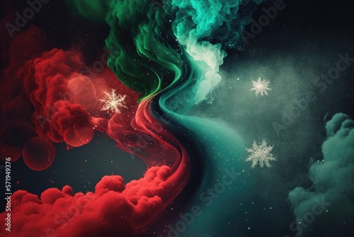 Red and Green smoke with snowflakes and shiny glitter particles abstract background, Christmas image, ai