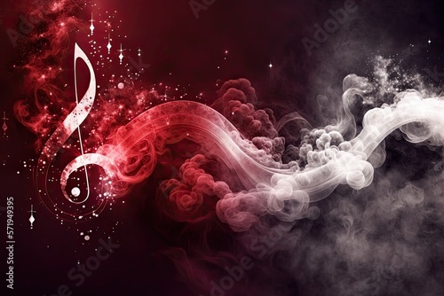 Red smoke with music notes and shiny glitter particles abstract background, ai
