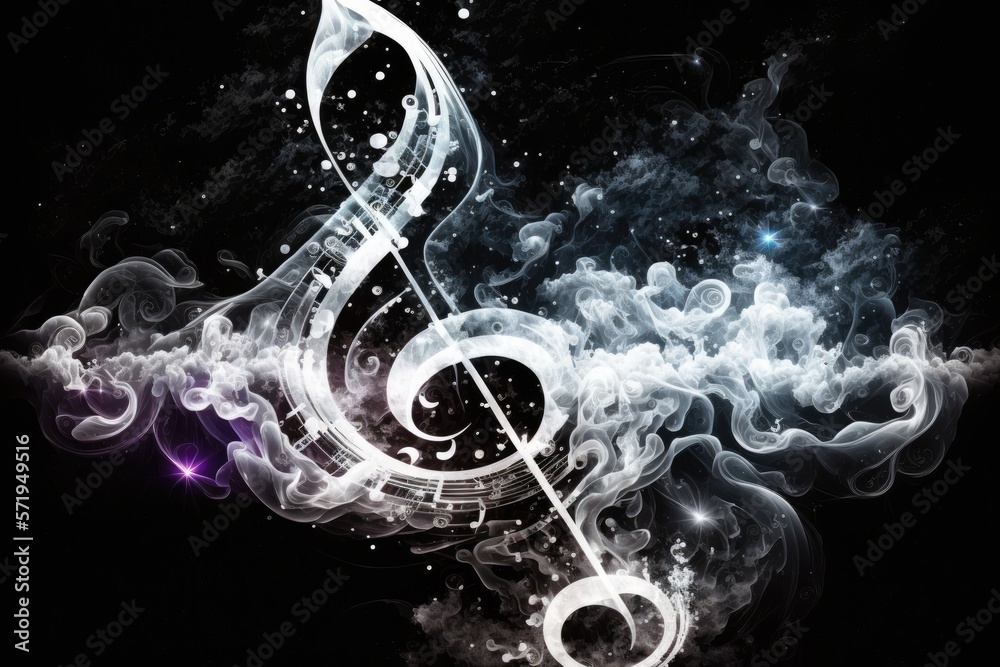 Black and white smoke with music notes and shiny glitter particles