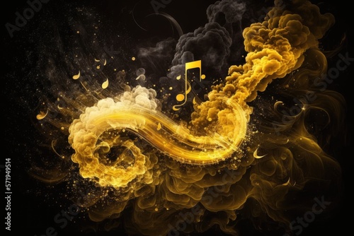 Yellow smoke with music notes and shiny glitter particles abstract background, ai
