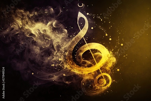 Yellow smoke with music notes and shiny glitter particles abstract background, ai photo