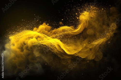 Yellow gold smoke with shiny glitter particles abstract background, ai