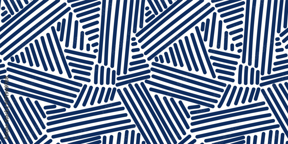 Seamless geometric doodle lines pattern. Blue stripes on white background.
