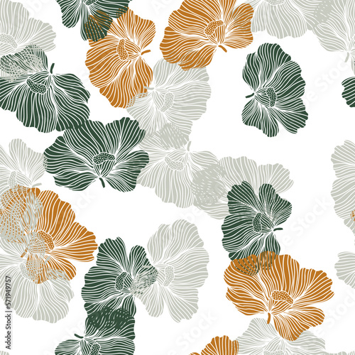 Seamless pattern with hibiscus flowers. Vintage floral background.