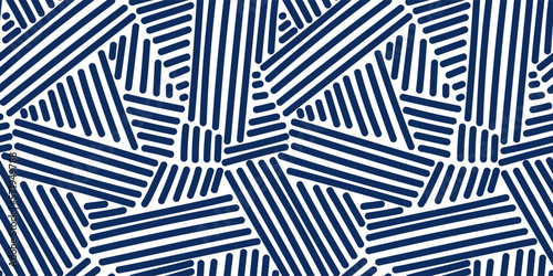 Seamless geometric doodle lines pattern. Blue stripes on white background.