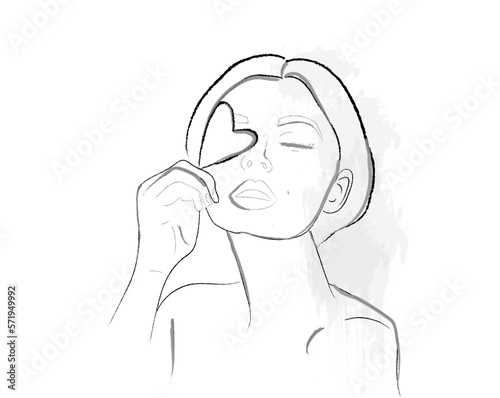 Woman holding a heart vector line art. Attractive girl valentines day icon