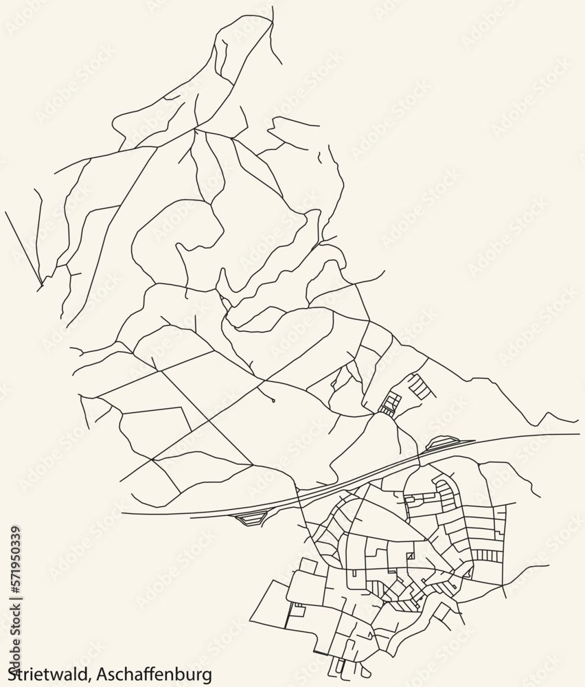 Obraz premium Detailed navigation black lines urban street roads map of the STRIETWALD BOROUGH of the German town of ASCHAFFENBURG, Germany on vintage beige background