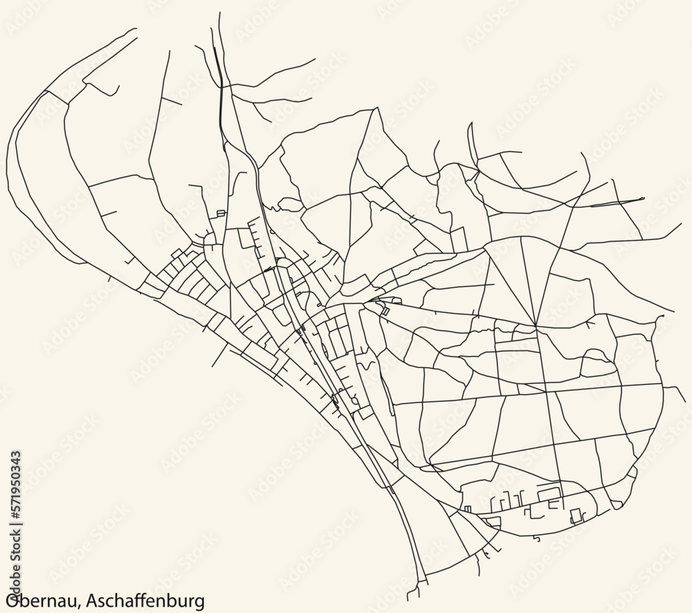 Detailed navigation black lines urban street roads map of the OBERNAU BOROUGH of the German town of ASCHAFFENBURG, Germany on vintage beige background