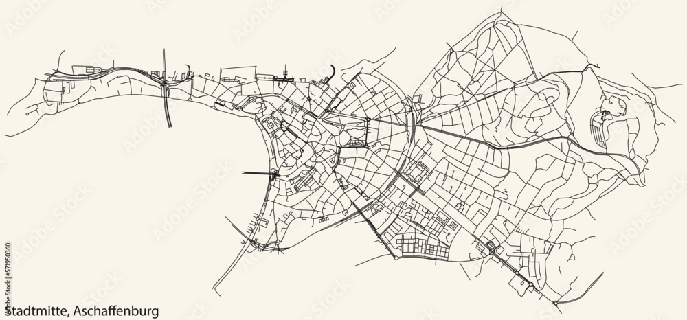 Detailed navigation black lines urban street roads map of the STADTMITTE BOROUGH of the German town of ASCHAFFENBURG, Germany on vintage beige background