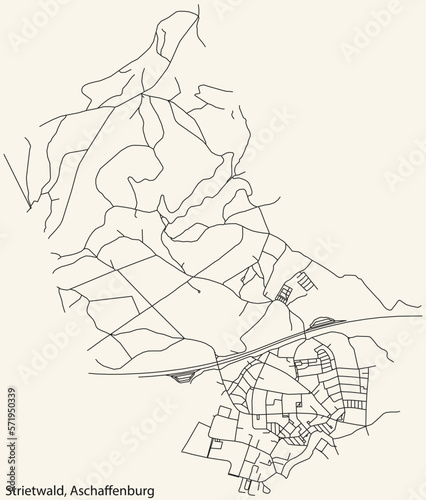 Detailed navigation black lines urban street roads map of the STRIETWALD BOROUGH of the German town of ASCHAFFENBURG, Germany on vintage beige background