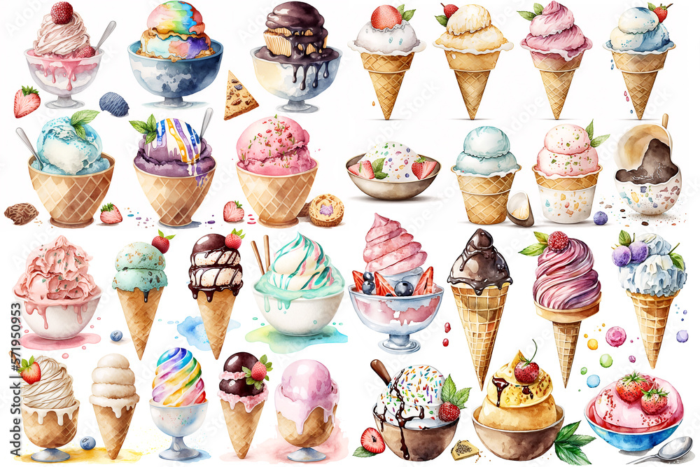 Watercolor illustration of ice cream collection on white background - AI generative - obrazy, fototapety, plakaty 