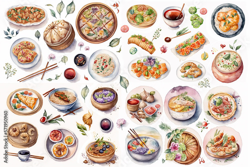Watercolor illustration of chinese dishes collection on white background - AI generative