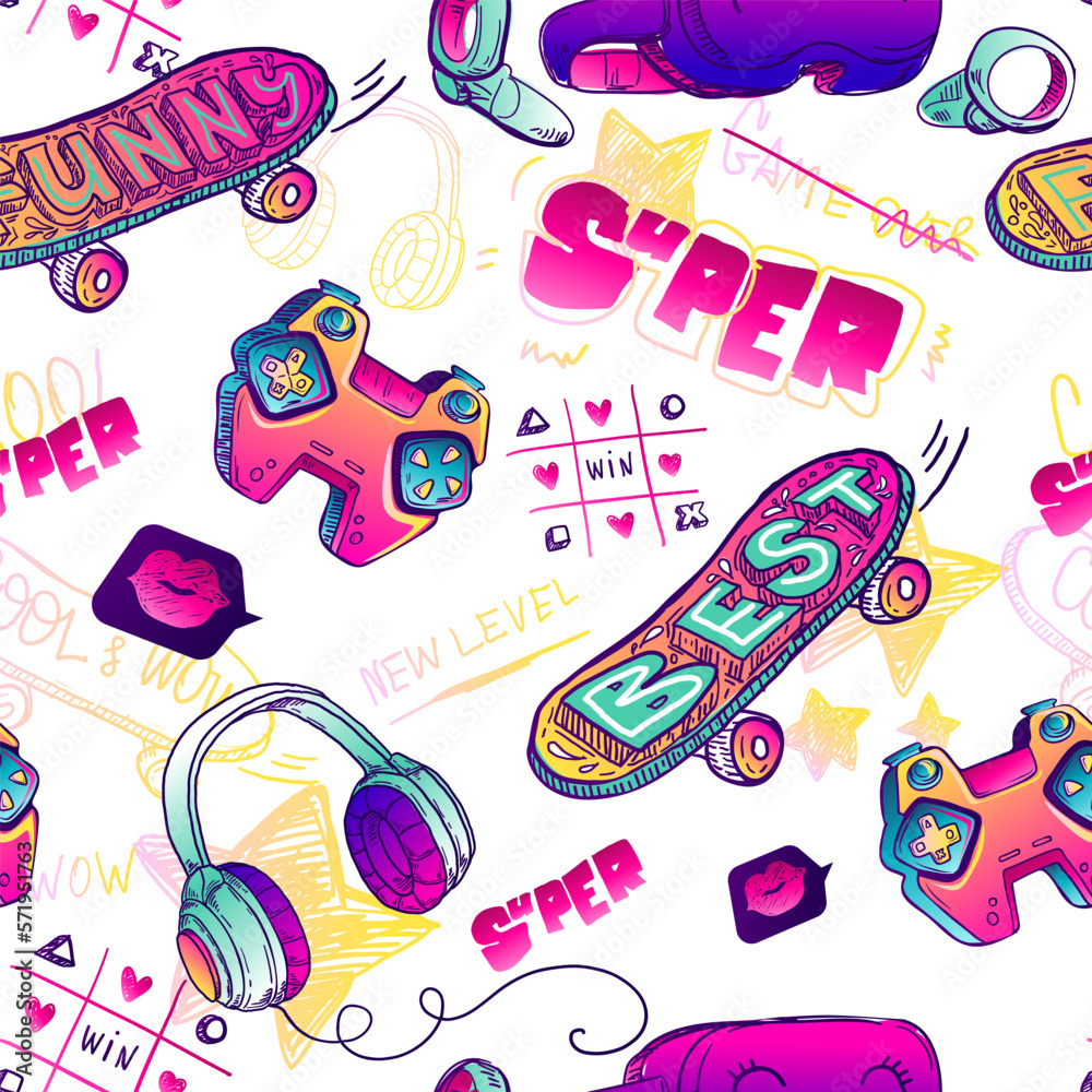 Seamless pattern with Gamepad vector illustration, headphones, skateboard drawing in sketch style, viar glasses, tic tac toe sign, text New level, game over, super. Gaming activity repeat print.