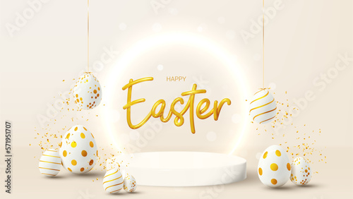 Easter greeting card template. Vector holiday illustration with golden 3d lettering, podium, neon circle, decorative eggs and confetti. Happy Easter banner for presentation of products or goods.