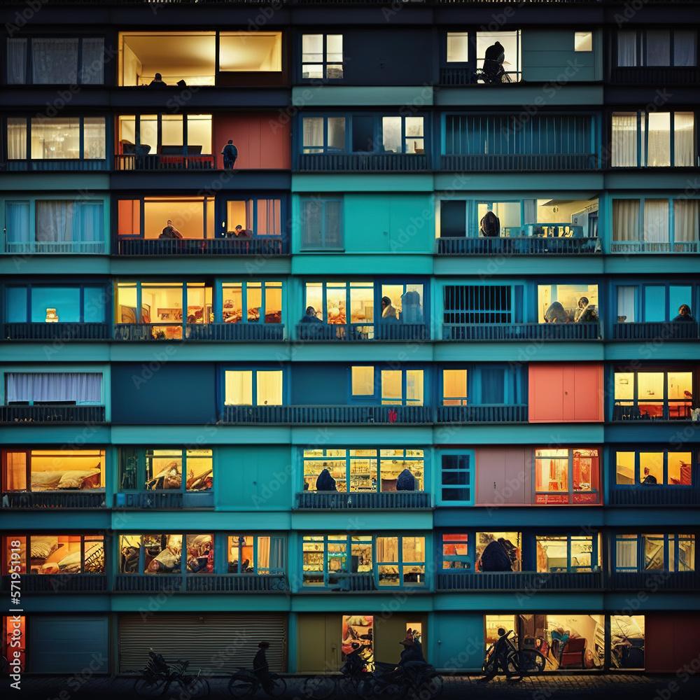 Apartment building in the evening with lighting in the apartments Apartment building in the evening with lighting in the apartments