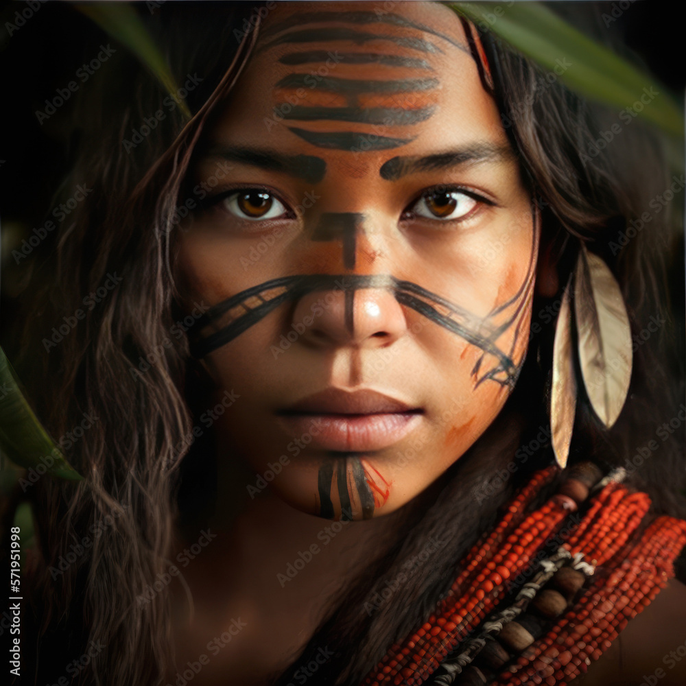 Realistic illustration in artificial intelligence. Portrait of an indigenous face with its typical ornaments - obrazy, fototapety, plakaty 