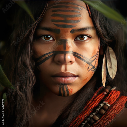 Realistic illustration in artificial intelligence. Portrait of an indigenous face with its typical ornaments photo