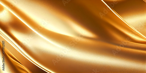 Gold shiny luxury draping satin fabric wave background, abstract dynamic smooth wavy elegant golden yellow silk cloth texture design, Ai generated