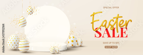 Horizontal banner for Easter sale. Vector holiday illustration with golden 3d lettering, podium, decorative eggs and confetti. Happy Easter banner for presentation of products or goods.