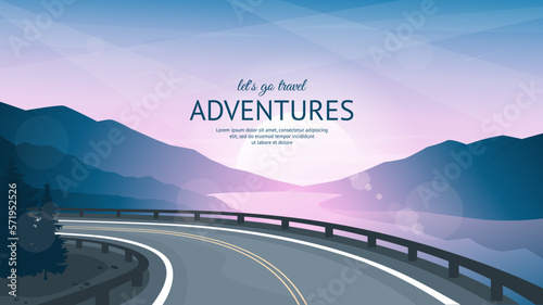 A beautiful mountain road running along the river. Asphalted road with markings. Outlines of the mountains in the evening twilight in the background. Vector illustration.