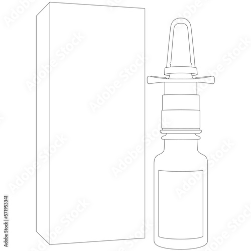 Nasal spray bottle, nasal spray for colds and seasonal allergies. Aerosol spray pump packaging drug. Drug spray for the nose. sketch drawing, contour lines drawn