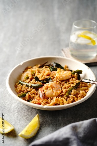 Thai basil fried rice with shrimp, selective focus