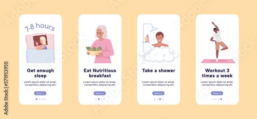 Effective morning routine onboarding mobile app screen flat template. Walkthrough website 4 steps with characters. Editable habits UX, UI, GUI smartphone cartoon interfaces. Comfortaa Bold font used