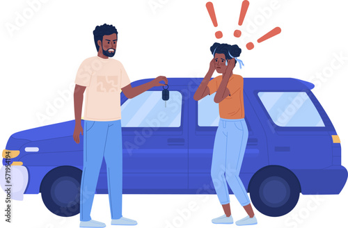 Father forcing teenage daughter to driving car semi flat color vector characters. Editable figures. Full body people on white. Simple cartoon style illustration for web graphic design and animation
