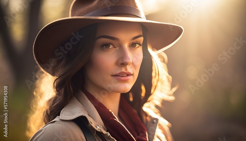 portrait of a beautiful young woman, she looks stunning and amazing like a goddess. Wearing a hat at sunny day with sunlight glowing at her smooth face skin, generative ai