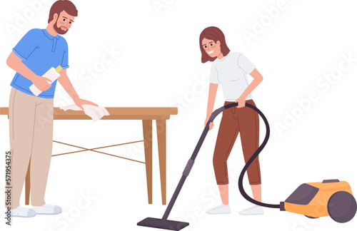 Father and daughter doing housework together semi flat color vector characters. Editable figures. Full body people on white. Simple cartoon style illustration for web graphic design and animation