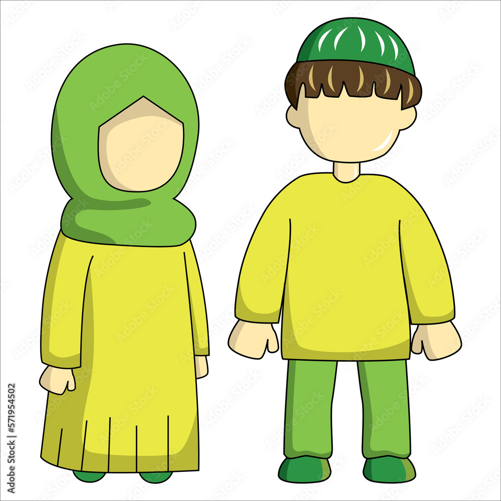 Moslem couple character cartoon illustration with green and lime color outfit, suitable for sticker pack, icon, and ramadan graphic design character elements. Moslem couple character cartoon illustration with green and lime color outfit, suitable for sticker pack, icon, and ramadan graphic design character elements.