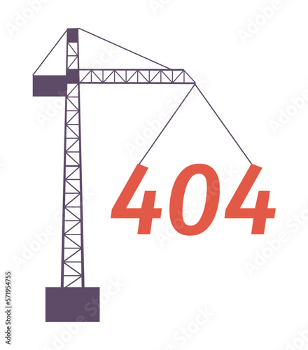 Tower crane lifting up 404 page not found illustration. Under maintenance. Construction site flat vector 2D cartoon concept on white. Editable error flash message for application, web UX, UI design