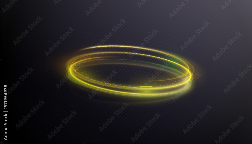 Abstract neon rings. A bright trail of luminous rays swirling in a fast spiral motion. Light golden swirl. Curve golden line light effect. Abstract neon rings. A bright trail of luminous rays swirling in a fast spiral motion. Light golden swirl. Curve golden line light effect.