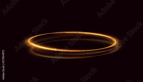 Abstract neon rings. A bright trail of luminous rays swirling in a fast spiral motion. Light golden swirl. Curve golden line light effect.