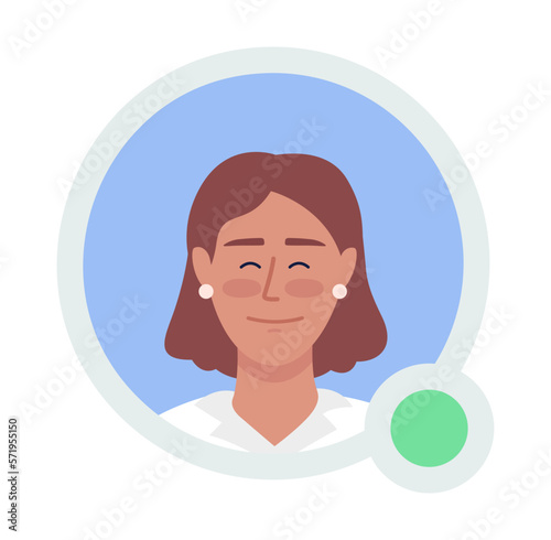 Pleased woman with earrings flat vector avatar icon with green dot. Editable default persona for UX, UI design. Profile character picture with online status indicator. Color messaging app user badge